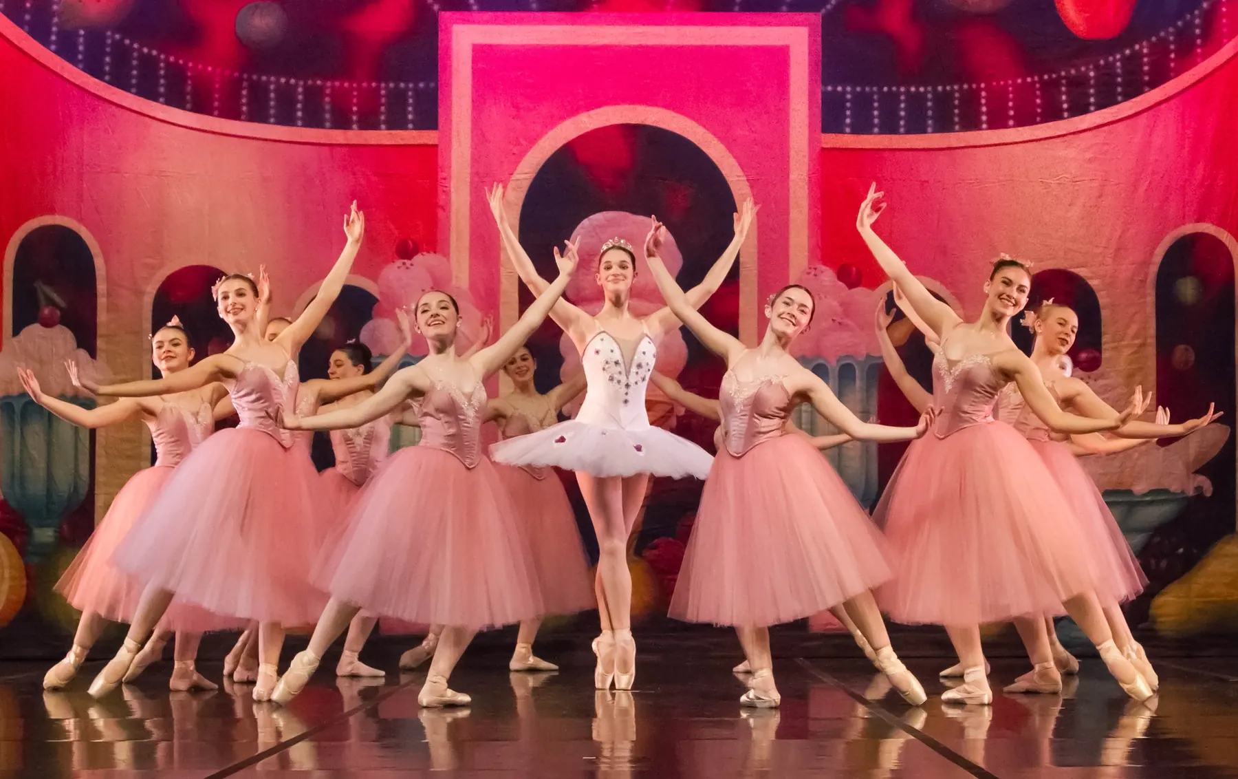 Dancers in pink tutus perform the Waltz of the Flowers in Ballet for Youth’s Nutcracker