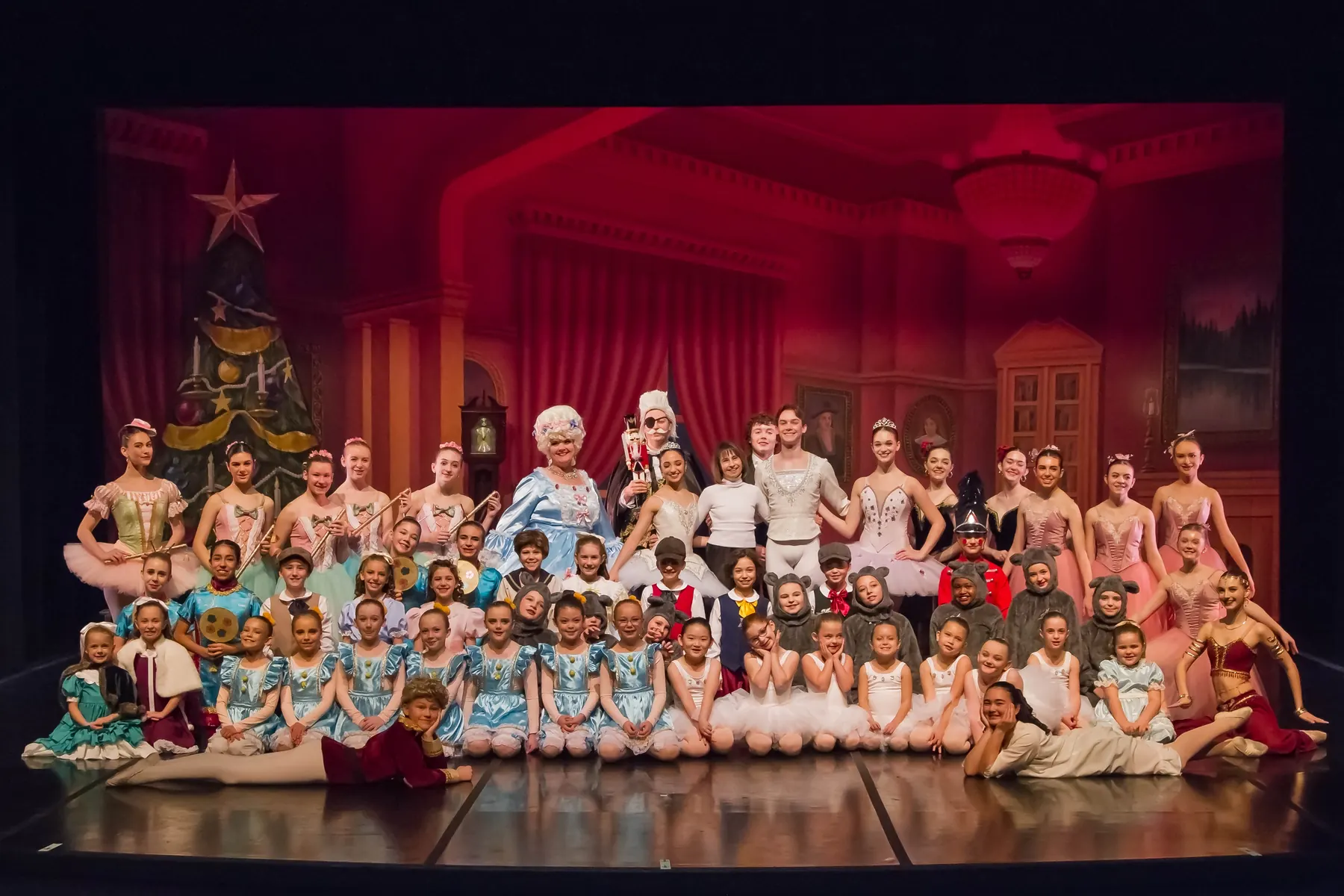 The full cast of Ballet for Youth’s Nutcracker takes a bow on stage